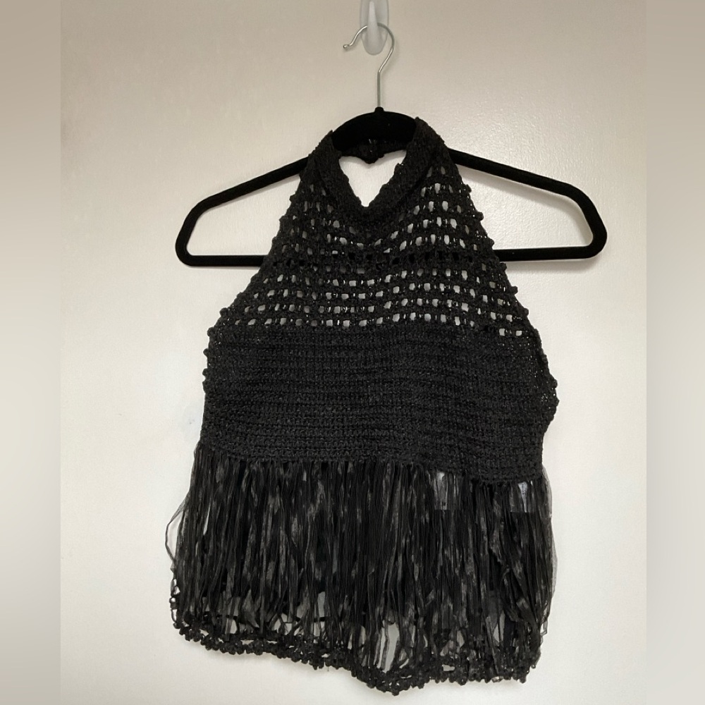 ✨ZARA Black Crochet Halter Top with Fringe Size Medium